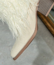 Stylish White Fuzzy Wool Lined Splicing Suede Chunky Boots