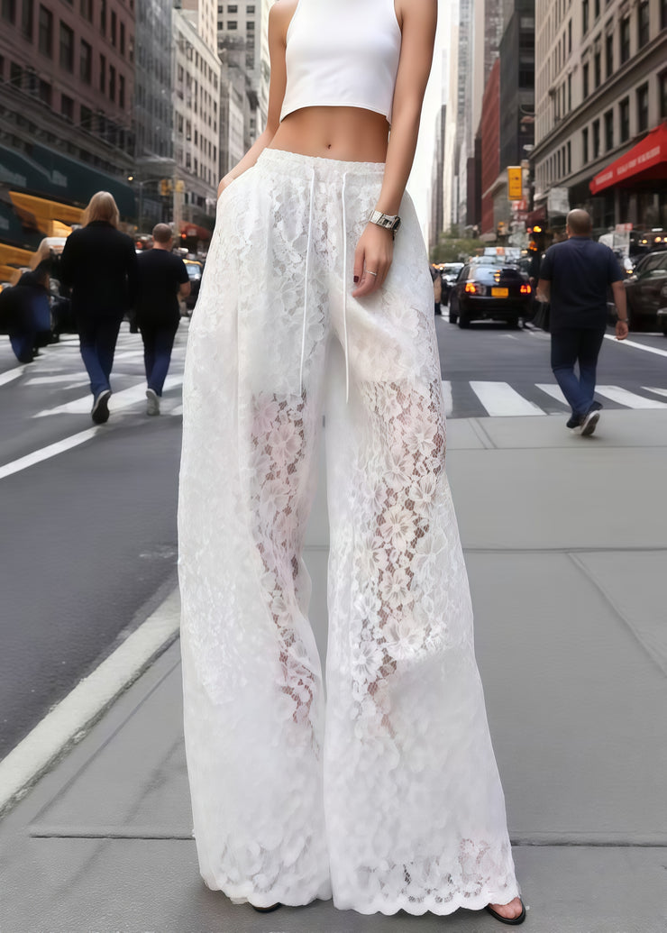Stylish White Hollow Out Drawstring Lace Straight Pants Summer