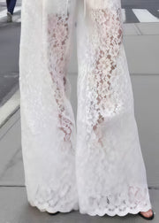 Stylish White Hollow Out Drawstring Lace Straight Pants Summer