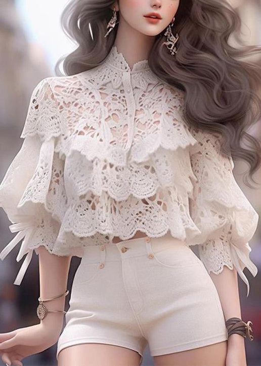 Stylish White Hollow Out Shirts And Shorts Cotton Two Piece Set Half Sleeve
