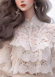 Stylish White Hollow Out Shirts And Shorts Cotton Two Piece Set Half Sleeve