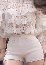 Stylish White Hollow Out Shirts And Shorts Cotton Two Piece Set Half Sleeve