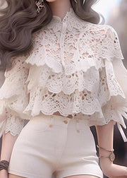 Stylish White Hollow Out Shirts And Shorts Cotton Two Piece Set Half Sleeve