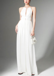 Stylish White Lace Up High Waist Silk Jumpsuit Sleeveless