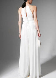 Stylish White Lace Up High Waist Silk Jumpsuit Sleeveless