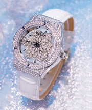 Stylish White Leather Zircon Quartz Movement Waterproof Watches