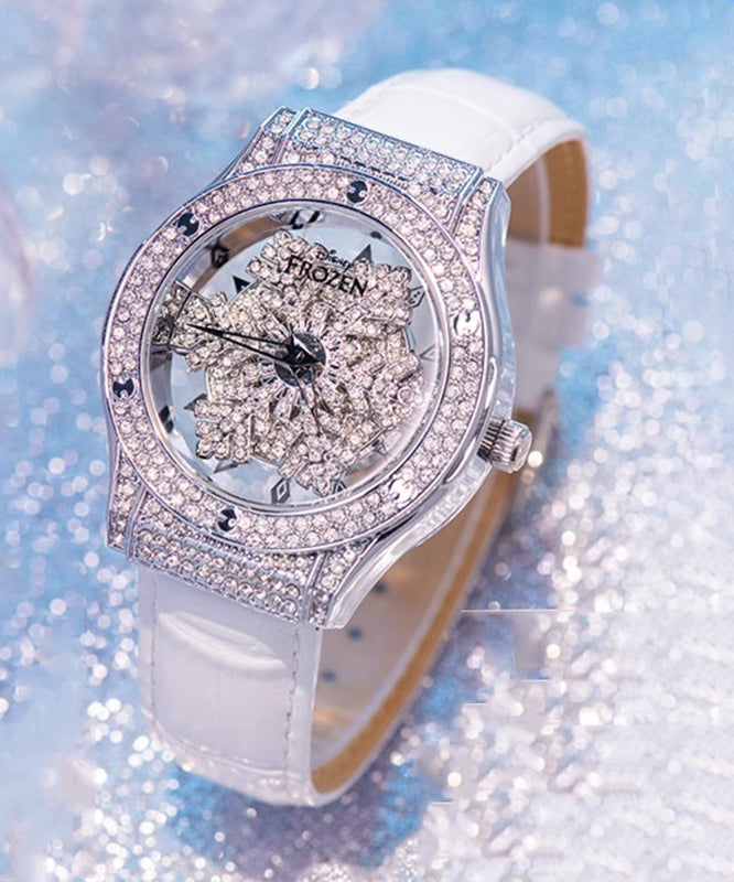 Stylish White Leather Zircon Quartz Movement Waterproof Watches