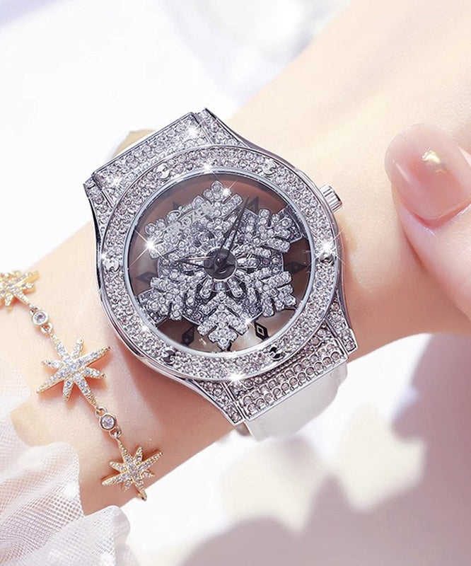 Stylish White Leather Zircon Quartz Movement Waterproof Watches