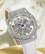 Stylish White Leather Zircon Quartz Movement Waterproof Watches