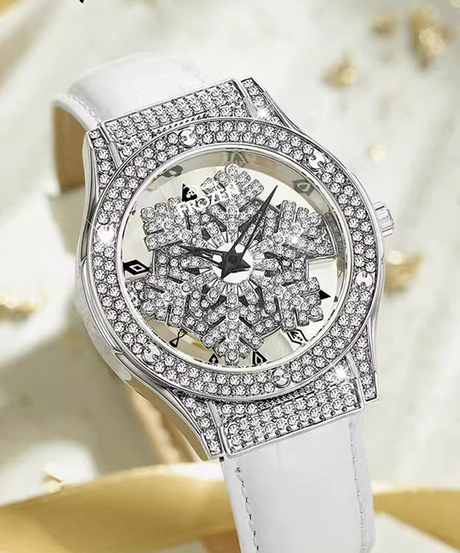 Stylish White Leather Zircon Quartz Movement Waterproof Watches