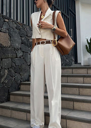 Stylish White Notched Button Spandex Two Piece Suit Set Sleeveless