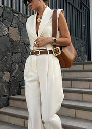 Stylish White Notched Button Spandex Two Piece Suit Set Sleeveless