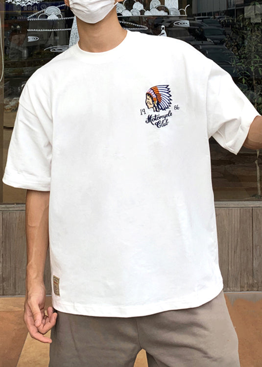 Stylish White O-Neck Embroideried Cotton Men T Shirt Summer