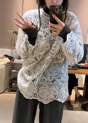 Stylish White O-Neck Hollow Out Lace T Shirt Spring