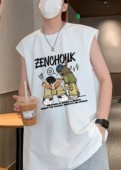 Stylish White O-Neck Print Cotton Men T Shirt Summer