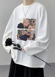 Stylish White O Neck Print Cotton Mens T Shirts Spring