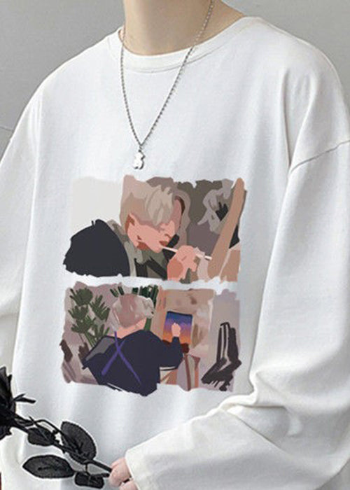 Stylish White O Neck Print Cotton Mens T Shirts Spring