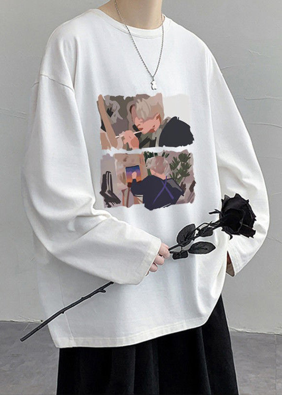 Stylish White O Neck Print Cotton Mens T Shirts Spring