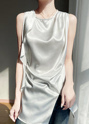 Stylish White O Neck Side Open Silk Tank Sleeveless