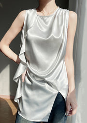 Stylish White O Neck Side Open Silk Tank Sleeveless