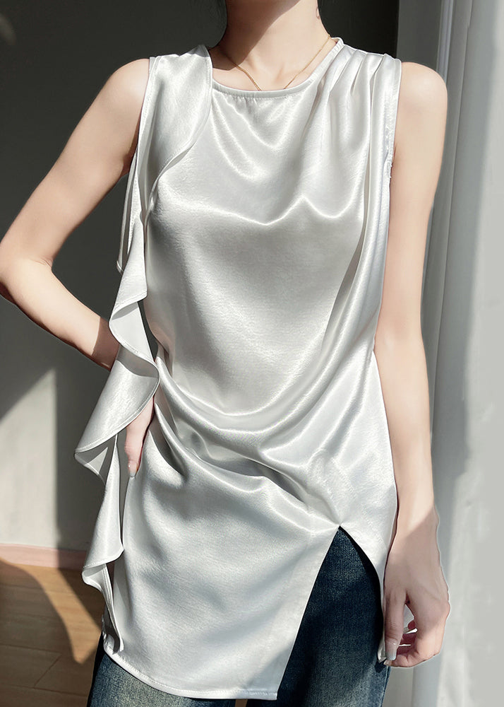 Stylish White O Neck Side Open Silk Tank Sleeveless