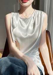Stylish White O Neck Side Open Silk Tank Sleeveless
