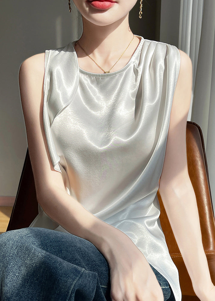 Stylish White O Neck Side Open Silk Tank Sleeveless