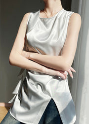 Stylish White O Neck Side Open Silk Tank Sleeveless