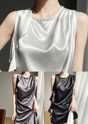 Stylish White O Neck Side Open Silk Tank Sleeveless