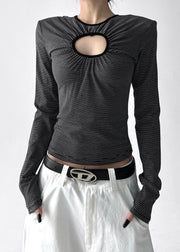 Stylish White O Neck Striped Hollow Out Cotton T Shirt Tops Fall