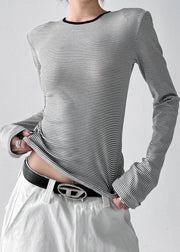 Stylish White O Neck Striped Hollow Out Cotton T Shirt Tops Fall