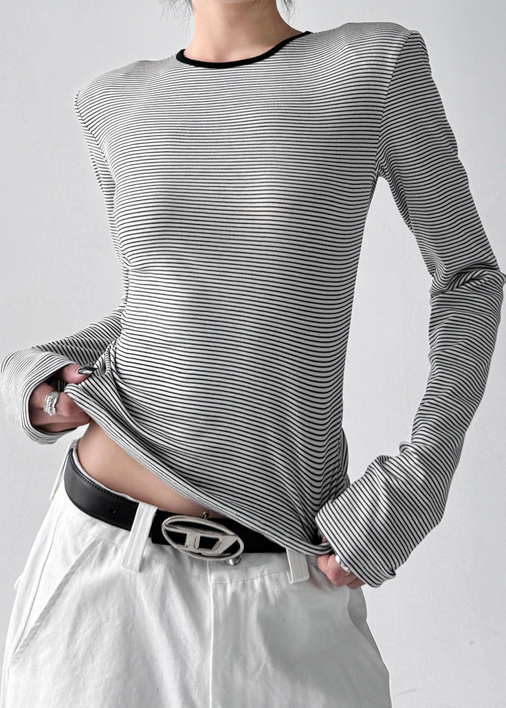 Stylish White O Neck Striped Hollow Out Cotton T Shirt Tops Fall