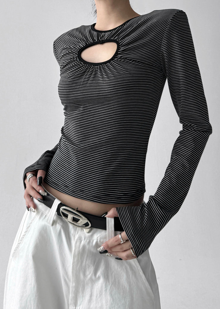 Stylish White O Neck Striped Hollow Out Cotton T Shirt Tops Fall