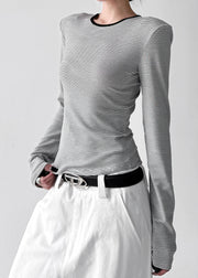 Stylish White O Neck Striped Hollow Out Cotton T Shirt Tops Fall