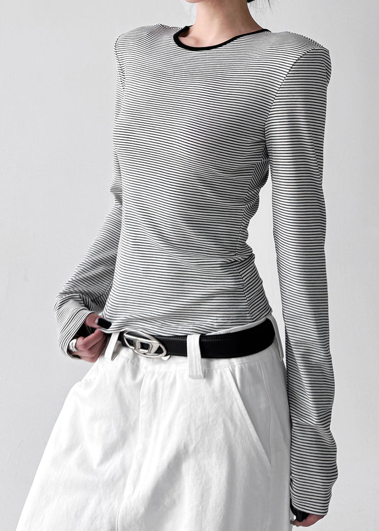 Stylish White O Neck Striped Hollow Out Cotton T Shirt Tops Fall
