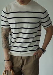 Stylish White O Neck Striped Knit Men T Shirts Summer