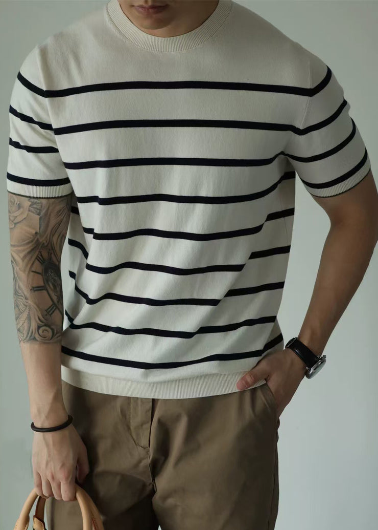 Stylish White O Neck Striped Knit Men T Shirts Summer
