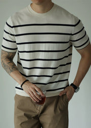 Stylish White O Neck Striped Knit Men T Shirts Summer