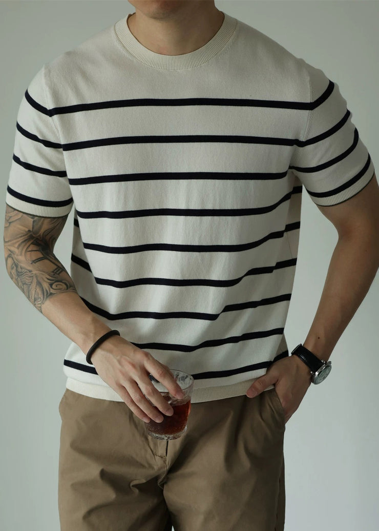 Stylish White O Neck Striped Knit Men T Shirts Summer