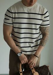 Stylish White O Neck Striped Knit Men T Shirts Summer