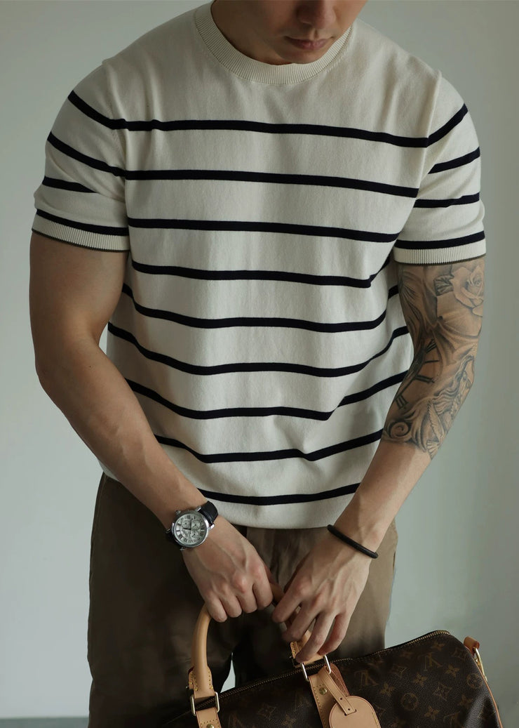 Stylish White O Neck Striped Knit Men T Shirts Summer