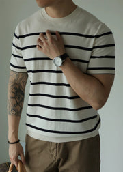 Stylish White O Neck Striped Knit Men T Shirts Summer