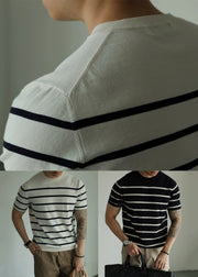Stylish White O Neck Striped Knit Men T Shirts Summer