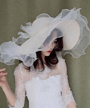 Stylish White Organza Ruffled Straw Woven Floppy Sun Hat