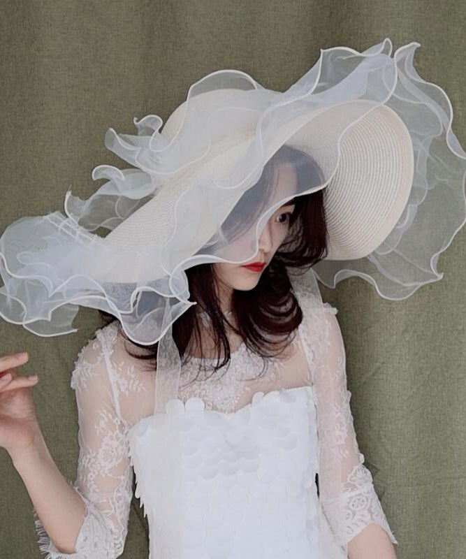 Stylish White Organza Ruffled Straw Woven Floppy Sun Hat