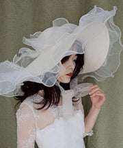 Stylish White Organza Ruffled Straw Woven Floppy Sun Hat