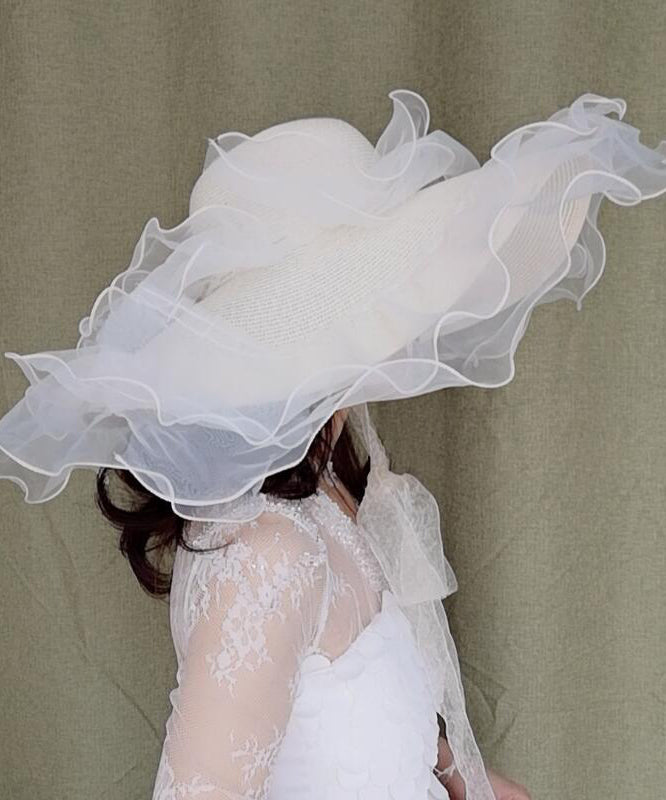 Stylish White Organza Ruffled Straw Woven Floppy Sun Hat