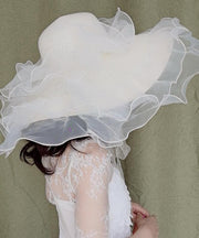 Stylish White Organza Ruffled Straw Woven Floppy Sun Hat
