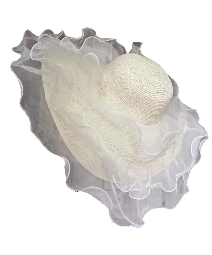 Stylish White Organza Ruffled Straw Woven Floppy Sun Hat