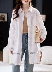 Stylish White Peter Pan Collar Embroidered Cotton Shirts Coat Spring